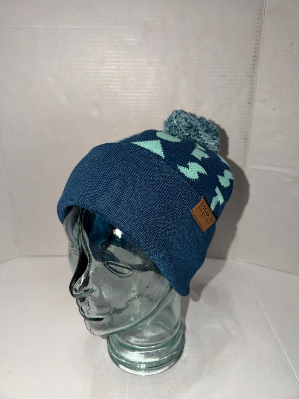 Classic Blue Pom Knit Beanie with Aqua Pattern ‘Protagonist Beer’